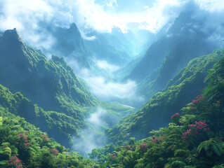 Obraz premium Fog Draping Over a Vibrant Green Valley Landscape