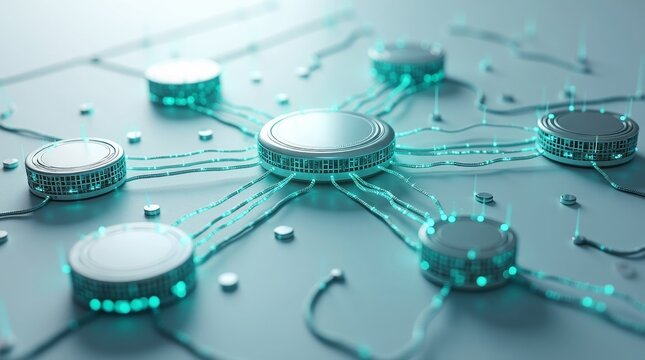 Sleek futuristic technology hub with glowing cyan connections linking circular server units, conceptualizing data management and network infrastructure.