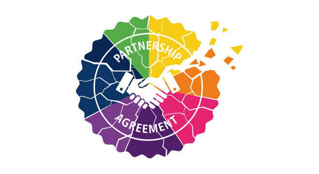Vibrant partnership agreement concept with shaking hands graphic, symbolizing collaboration, unity, and a breaking down of barriers in business.