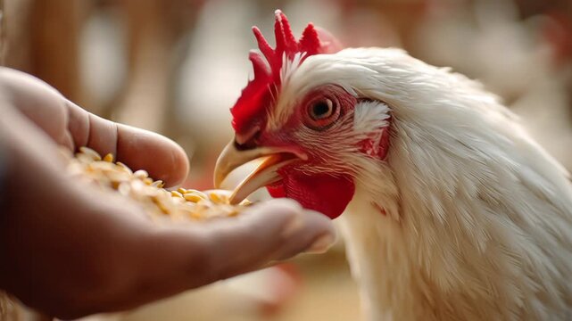 Close-up of a white hen eating grain from a person's hand on a farm