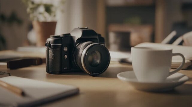 Creative lifestyle workspace with camera, notebook, coffee cup on desk, natural light, artistic mood, no humans, no logos, shallow depth of field, cinematic framing, 4K, slow pan, 8&ndash;15 seconds