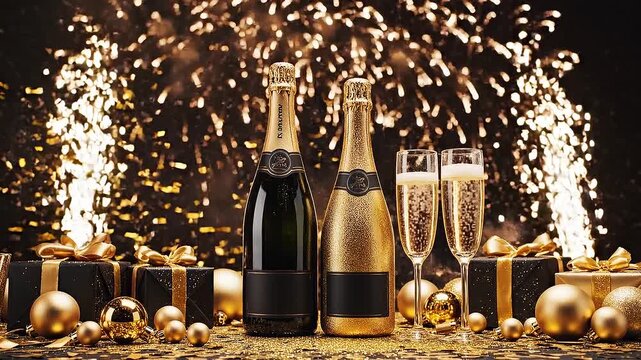 Celebratory champagne bottles and glasses surrounded by golden ornaments and fireworks exploding in the background