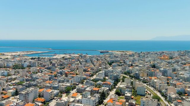 Alexandroupolis, Greece. Panorama of the central part of the city in summer. Coast of the Thracian Sea. Drone footage