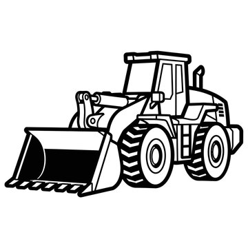 Black and white illustration of a front end loader on a white background.