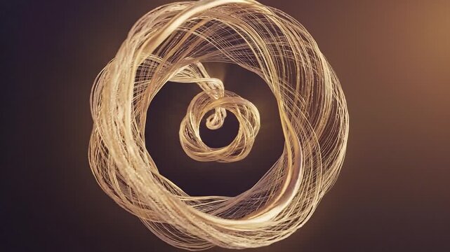 Abstract golden luminous swirling vortex structure composed of fine, illuminated threads creating a mesmerizing, detailed, and complex three-dimensional spiral tunnel effect in deep space.