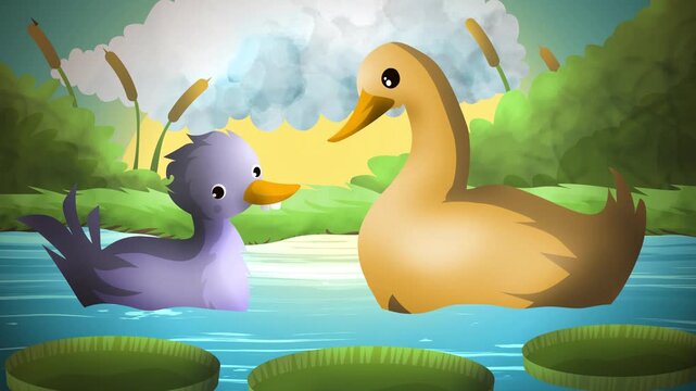 ugly duckling fable in a lake with a swan
