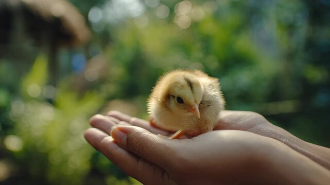 Adorable fluffy chick held gently in caring hands, close-up, nature background