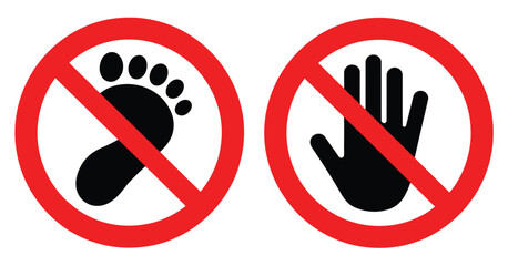 No Step and Do Not Touch icons, flat vector prohibition symbols for barefoot restriction and hand entry ban, isolated on white background, ideal for warning labels, stickers, public signage, apps, and