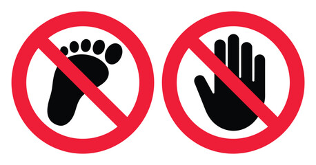No Step and Do Not Touch icons, vector illustration of no barefoot and no entry hand prohibition symbols, flat design isolated on white background, suitable for signage, apps, websites, labels, and di