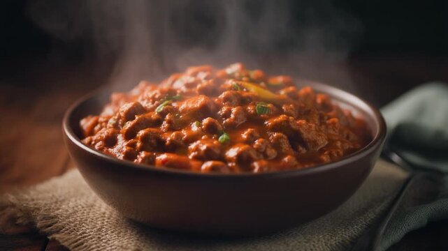 American chili con carne in bowl, steam rising, rich texture, rustic style, no humans, no branding, cinematic food stock footage, 4K, slow motion steam, 10&ndash;15 seconds
