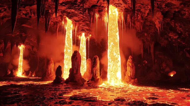 A cavern interior scene with fiery lava flows and formations, illuminated by bright light