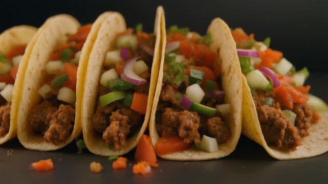 American-style hard shell tacos filled with meat and vegetables, vibrant colors, studio lighting, no people, no hands, cinematic food stock, 4K resolution, slow pan shot, 8&ndash;12 seconds