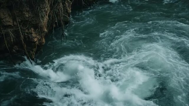 A turbulent river flows past a rocky cliff face with dangling roots. The water is a deep teal color with white foamy rapids.