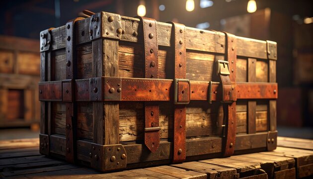 FlyPro Firefly capture of realistic still life featuring cracked, weathered leather straps bound tightly around heavy wooden crates under warm directional lighting.