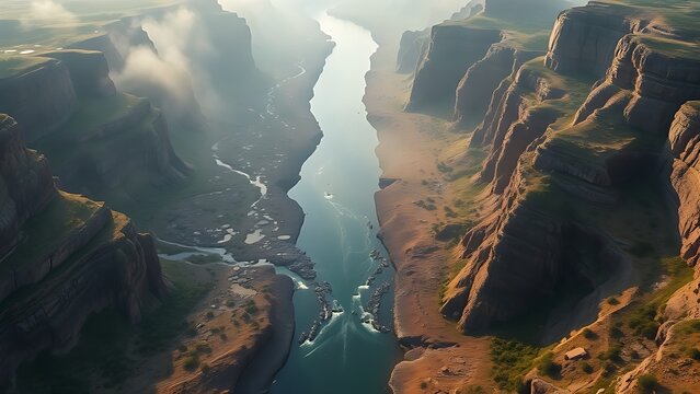 flocculation. Aerial view of small streams converging into a wide river in a canyon. travel magazines, destination branding, designed for outdoor magazines and nature guides.