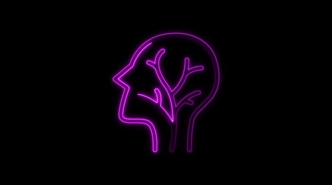 Neon Glowing Brain with Tree Branches Abstract Purple Background Digital Conceptual neon brain glowing brain tree branches in brain