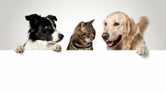 Three animals peeking over a white sign with a dog, cat, and another dog 4k video