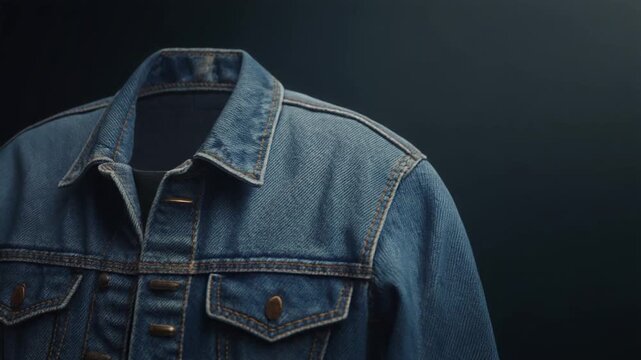 Classic denim jacket mockup, realistic stitching detail, studio lighting, no people, no logos, cinematic apparel mockup, 4K, slow pan shot, 10&ndash;15 seconds