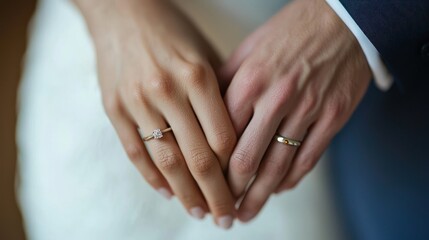 The hands of a wedding couple showing off their wedding rings, with a soft focus on their intertwined fingers.