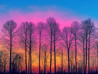 Obraz premium Tall Trees Standing Strong Against a Colorful Twilight Sky
