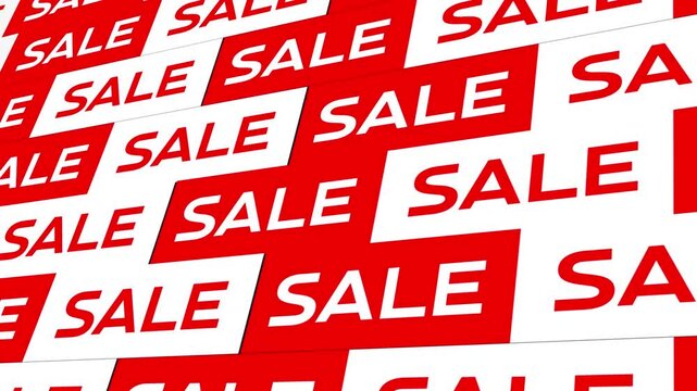 Seamless repeating background featuring bold red and white 'SALE' typography. Sale text on a white and red background animation seamless loop. 4k video.