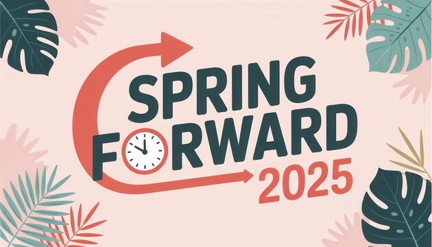 Spring Forward 2025 Illustration: A vibrant illustration heralding the arrival of daylight saving time in 2025, featuring a circular arrow, clock, and tropical foliage.