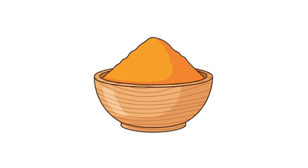 Fototapeta premium A simple wooden bowl filled with a pile of bright yellow turmeric powder sits isolated on a clean white background.