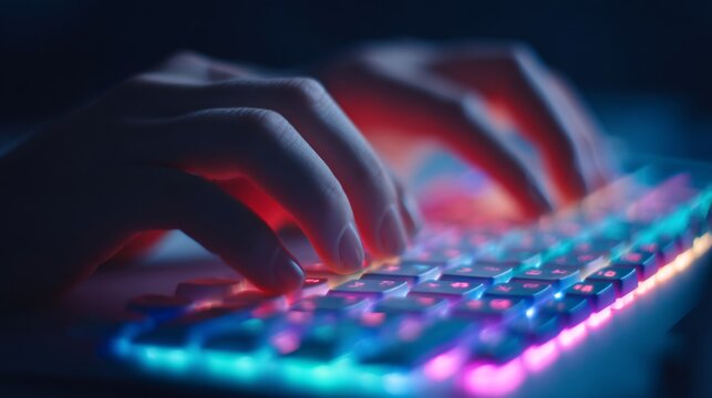 hands typing complex password on keyboard, shallow depth of field, cybersecurity awareness, neon rim light, tech security atmosphere