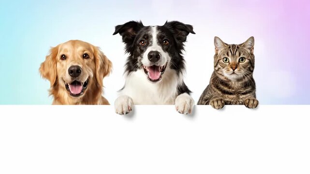 A black and white dog and a cat peeking from behind a white sign on colorful background 4k video