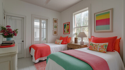 Two cozy beds adorned with vibrant coral and green bedding invite relaxation in this serene setting Generative AI