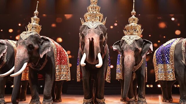 Elephants adorned with ornate headdresses and colorful caparisons standing in a row on a stage with a dark background