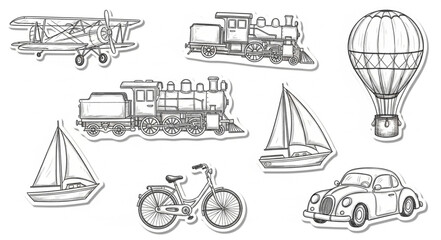 Collection of Hand Drawn Vintage Transport Vehicles and Modes. © Jaganchan