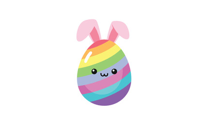 Fototapeta premium A cute, colorful rainbow-striped Easter egg adorned with pink bunny ears and a small, happy face illustration on a white background.