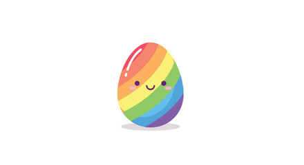 A cheerful Easter egg adorned with vibrant rainbow stripes and a cute happy cartoon face, illustrating a playful holiday design.