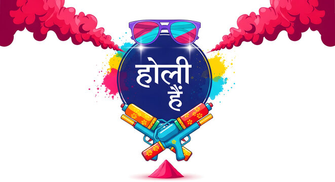 Modern Holi Festival Illustration with Hindi Text "Holi Hai," Vibrant Paint Splashes, Stylish Sunglasses, Pichkaris, Gulal, and Dramatic Smoke Effects