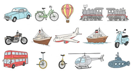 Collection of hand drawn transportation vehicles and modes of travel. © Jaganchan