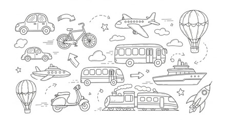 Collection of hand drawn transportation vehicles and modes of travel.