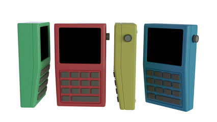 3d render Set of multicolored POS card reader devices standing upright © 3D_Hue