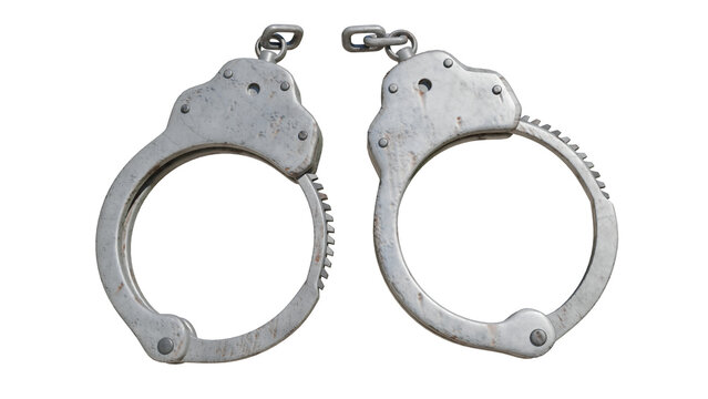 3d render A pair of worn metal handcuffs shown broken and separated, symbolizing freedom, release, or breaking free from restraint