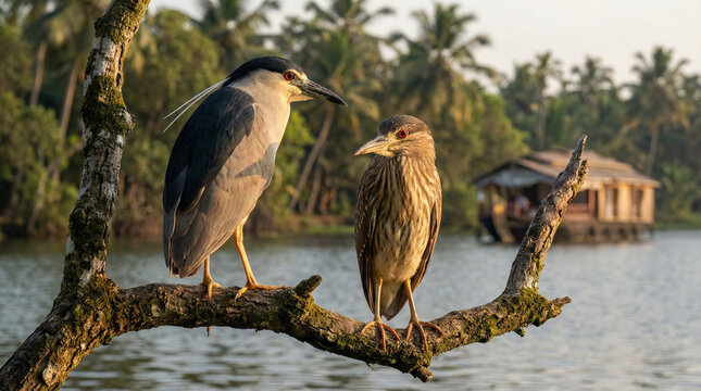 Two Great Cormorants perched on a mossy branch in the serene backwaters of Kerala, with traditional wooden boats and coconut palm trees in the background during golden morning light, India.