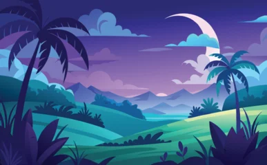 Fototapete Warmes Lila A vibrant illustration depicts a tropical landscape at night with a crescent moon and silhouetted mountains  © CreativeKamrul