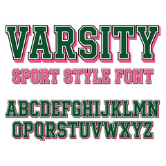 Varsity sport style font alphabet green pink and white