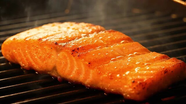 Grilled salmon fillet with crispy golden skin sizzling on hot grill with rising smoke