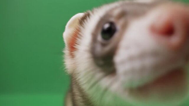 Professional Ferret greenscreen small predator animal standing looking curious footage for editing overlay template graphic resource motion design filmmaking broadcasting and media production