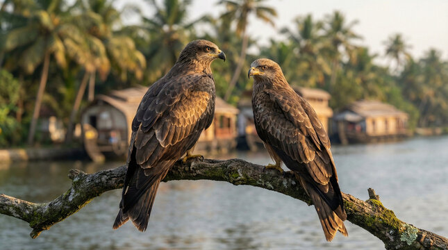 Two Majestic Eagles Perched on a Branch Overlooking Kerala Backwaters with Houseboats and Coconut Palms at Sunset, Traditional South Indian Landscape, Wildlife Nature Photography.
