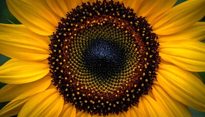 Macro of a sunflower face petals radiate around seed-filled center
