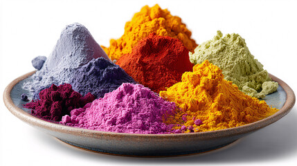 Assorted colorful Holi powder in small bowls on a white background