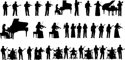 Musician silhouette collection, orchestra and band performers with instruments isolated on white background for music illustration design © Mst