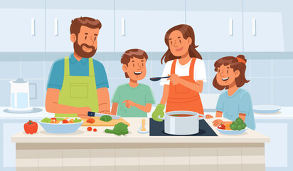 Happy family cooking together in the kitchen. Flat vector illustration