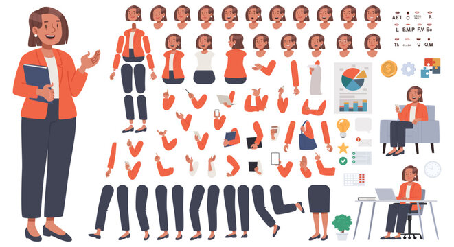 Office female manager character creation kit with poses and gestures